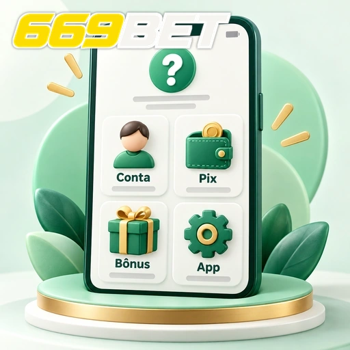 669BET — ilustração de celular com categorias de ajuda sobre conta, Pix, bônus e aplicativo
