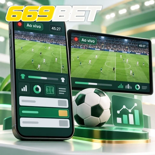 669BET — ilustração de celular e tablet com uma partida de futebol ao vivo