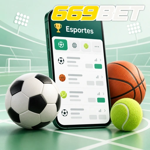 669BET — ilustração de aplicativo esportivo com bolas de futebol, basquete e tênis