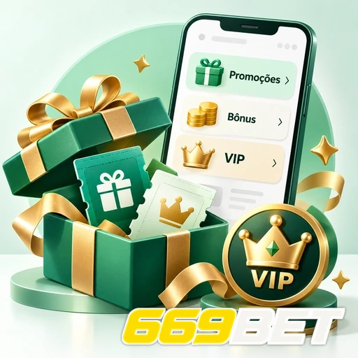 669BET — ilustração de presentes, promoções e símbolo VIP ao lado de um celular