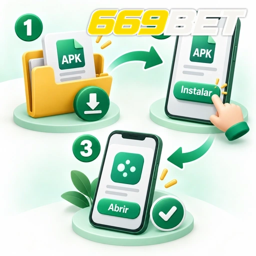 669BET — ilustração das etapas de baixar, instalar e abrir um APK no celular