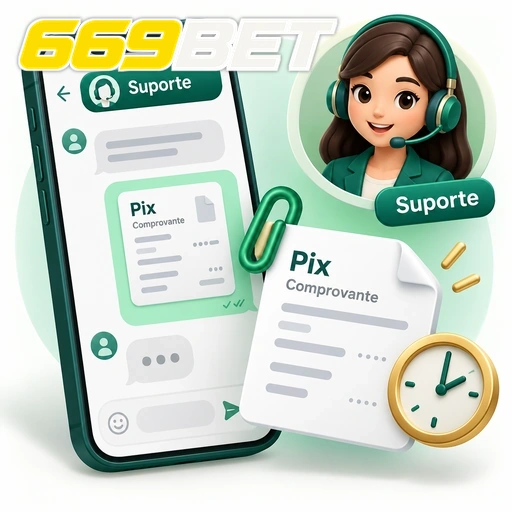 669BET — ilustração de atendimento por chat com comprovante Pix e relógio