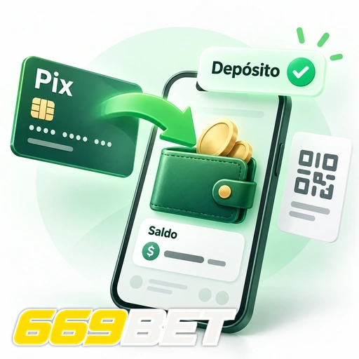 669BET — ilustração de depósito Pix com QR code, carteira e saldo no celular