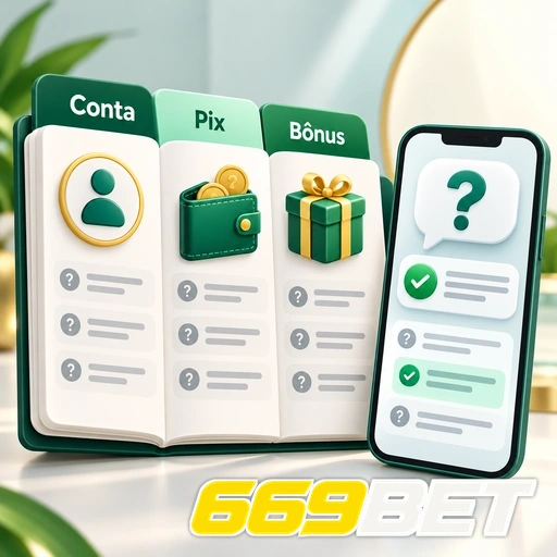 669BET — ilustração de ajuda sobre conta, Pix e bônus em telas de celular