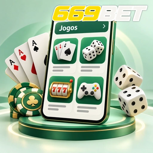 669BET — ilustração de jogos no celular com cartas, dados e fichas
