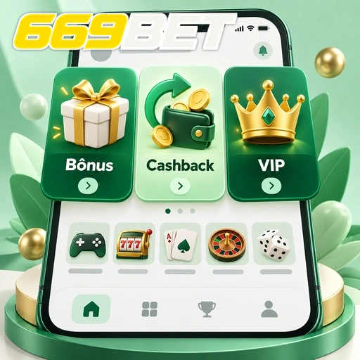 669BET — ilustração de lobby de jogos com bônus, cashback e área VIP