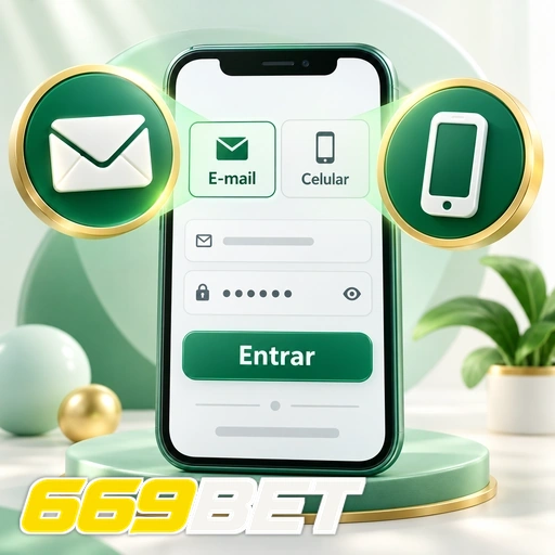 669BET — ilustração de login no celular com opções de e-mail e número de telefone