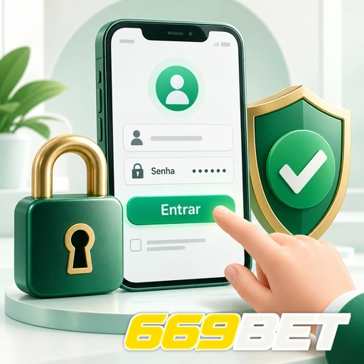 669BET — ilustração de login no celular com cadeado e escudo de segurança