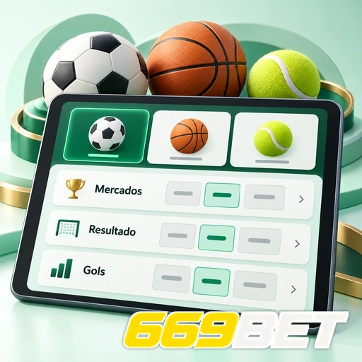 669BET — ilustração de mercados esportivos em tablet com bolas de diferentes esportes