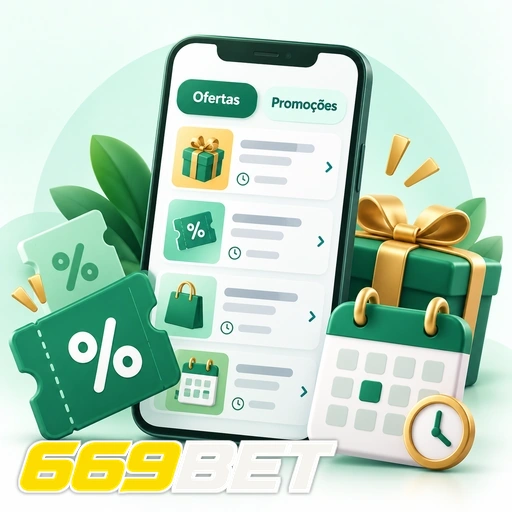 669BET — ilustração de ofertas e promoções no celular com presentes e símbolos de porcentagem