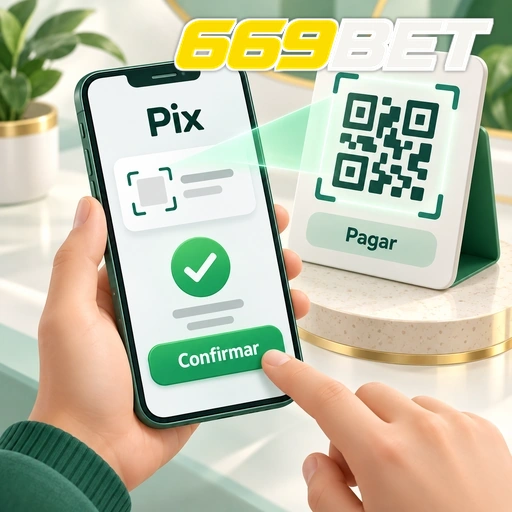 669BET — ilustração de pagamento Pix no celular com QR code e confirmação