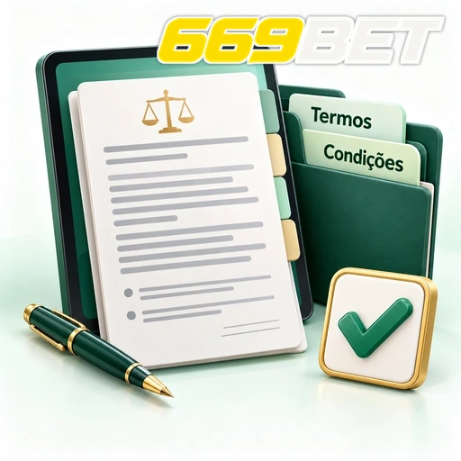 669BET — ilustração de termos e condições em documentos com caneta e símbolo de confirmação