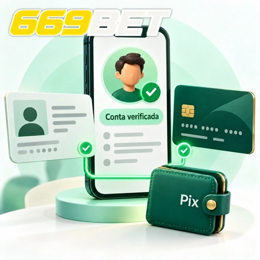 669BET — ilustração de verificação de conta com documento de identidade, cartão e carteira Pix